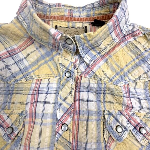 Legacy Falls Western Pearl Snap Pastel Plaid Seersucker Sleeveless Shirt Rodeo M - Picture 2 of 14